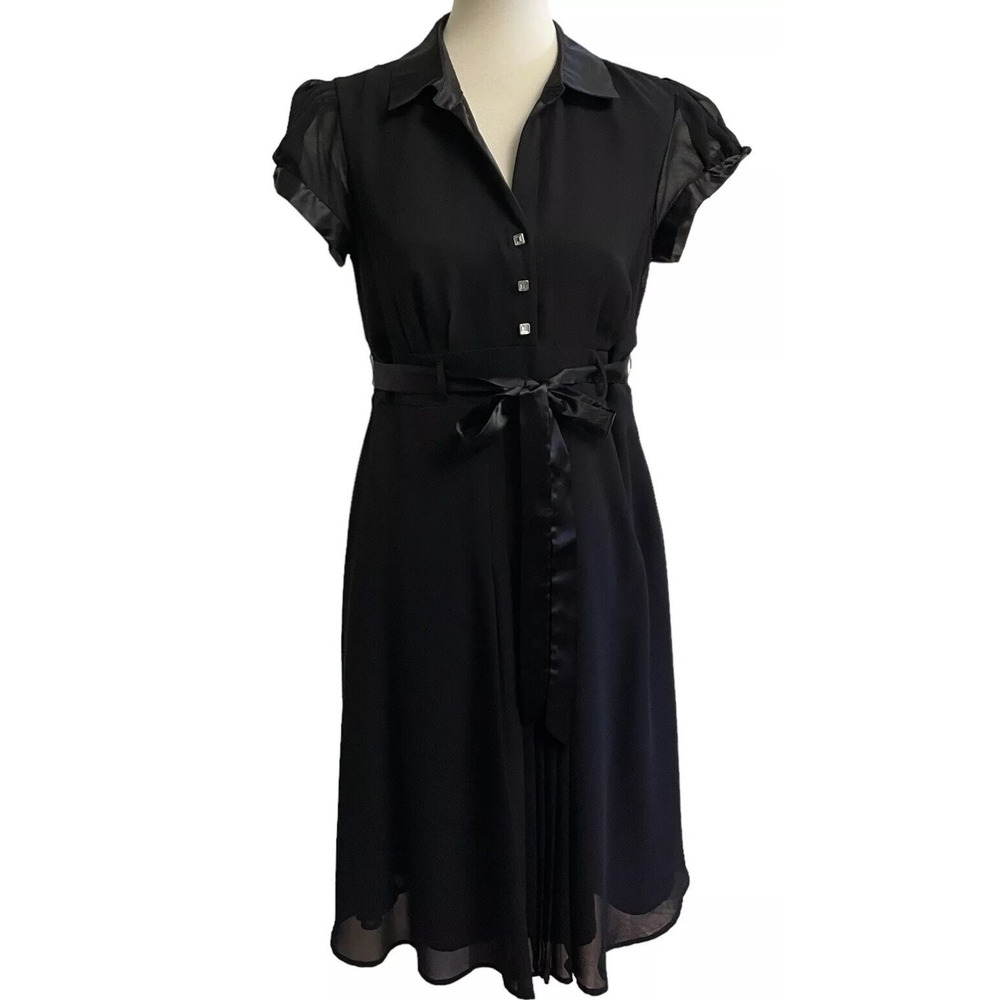 Y2K Bethany Collared Tie Waist Midi Dress Womens 8 Black